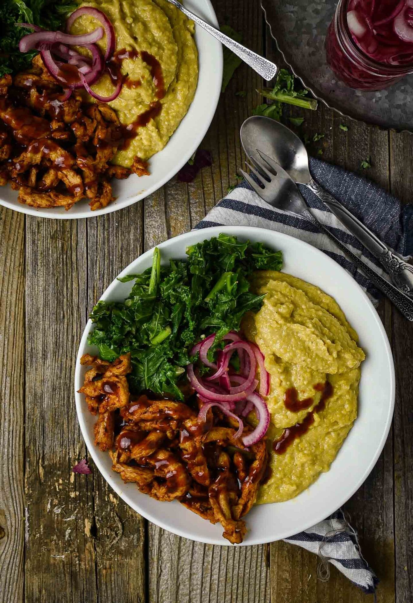 Cheesy Vegan Grits Bowl with BBQ Soy Curls and Kale